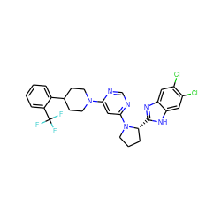 FC(F)(F)c1ccccc1C1CCN(c2cc(N3CCC[C@H]3c3nc4cc(Cl)c(Cl)cc4[nH]3)ncn2)CC1 ZINC000082151254