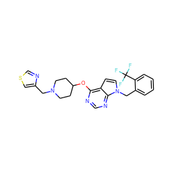 FC(F)(F)c1ccccc1Cn1ccc2c(OC3CCN(Cc4cscn4)CC3)ncnc21 ZINC000084602686