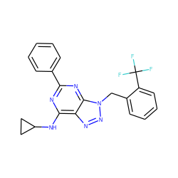 FC(F)(F)c1ccccc1Cn1nnc2c(NC3CC3)nc(-c3ccccc3)nc21 ZINC000028644213