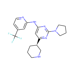 FC(F)(F)c1ccnc(Nc2cc([C@@H]3CCCNC3)nc(N3CCCC3)n2)c1 ZINC000221716224