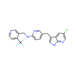 FC(F)(F)c1ccncc1CNc1ccc(Cc2c[nH]c3ncc(Cl)cc23)cn1 ZINC000117443160