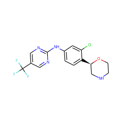 FC(F)(F)c1cnc(Nc2ccc([C@@H]3CNCCO3)c(Cl)c2)nc1 ZINC000150019859