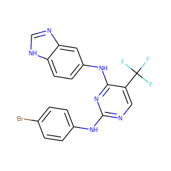 FC(F)(F)c1cnc(Nc2ccc(Br)cc2)nc1Nc1ccc2[nH]cnc2c1 ZINC000028523951