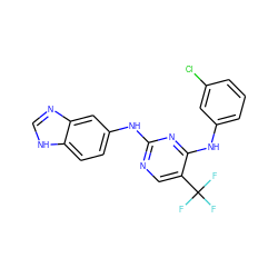 FC(F)(F)c1cnc(Nc2ccc3[nH]cnc3c2)nc1Nc1cccc(Cl)c1 ZINC000028523232