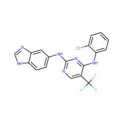 FC(F)(F)c1cnc(Nc2ccc3[nH]cnc3c2)nc1Nc1ccccc1Cl ZINC000028523014