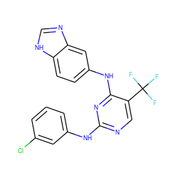 FC(F)(F)c1cnc(Nc2cccc(Cl)c2)nc1Nc1ccc2[nH]cnc2c1 ZINC000028522942