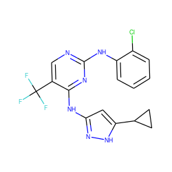 FC(F)(F)c1cnc(Nc2ccccc2Cl)nc1Nc1cc(C2CC2)[nH]n1 ZINC000205285912