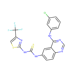 FC(F)(F)c1csc(NC(=S)Nc2ccc3ncnc(Nc4cccc(Cl)c4)c3c2)n1 ZINC001772594305