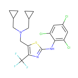 FC(F)(F)c1nc(Nc2c(Cl)cc(Cl)cc2Cl)sc1CN(CC1CC1)CC1CC1 ZINC000028331128