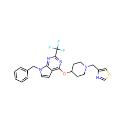 FC(F)(F)c1nc(OC2CCN(Cc3cscn3)CC2)c2ccn(Cc3ccccc3)c2n1 ZINC000084602201