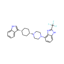 FC(F)(F)c1nc2c(N3CCN([C@H]4CC[C@@H](c5c[nH]c6ccccc65)CC4)CC3)cccc2[nH]1 ZINC000101181353