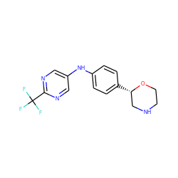 FC(F)(F)c1ncc(Nc2ccc([C@H]3CNCCO3)cc2)cn1 ZINC000149971398