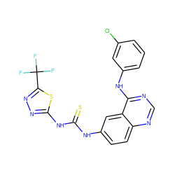 FC(F)(F)c1nnc(NC(=S)Nc2ccc3ncnc(Nc4cccc(Cl)c4)c3c2)s1 ZINC001772635214