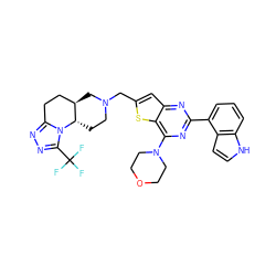 FC(F)(F)c1nnc2n1[C@H]1CCN(Cc3cc4nc(-c5cccc6[nH]ccc56)nc(N5CCOCC5)c4s3)C[C@@H]1CC2 ZINC001772601169