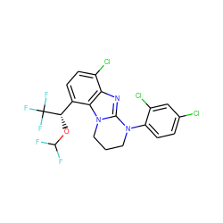 FC(F)O[C@@H](c1ccc(Cl)c2nc3n(c12)CCCN3c1ccc(Cl)cc1Cl)C(F)(F)F ZINC000143173364