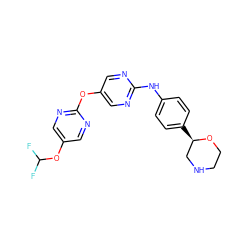 FC(F)Oc1cnc(Oc2cnc(Nc3ccc([C@@H]4CNCCO4)cc3)nc2)nc1 ZINC000150017669