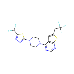 FC(F)c1nnc(N2CCN(c3ncnc4sc(CC(F)(F)F)cc34)CC2)s1 ZINC000220678829