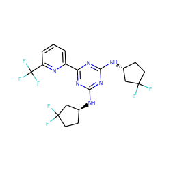 FC1(F)CC[C@H](Nc2nc(N[C@@H]3CCC(F)(F)C3)nc(-c3cccc(C(F)(F)F)n3)n2)C1 ZINC000222825491