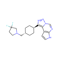 FC1(F)CCN(C[C@H]2CC[C@H](c3nnn4cnc5[nH]ccc5c34)CC2)C1 ZINC001772637551