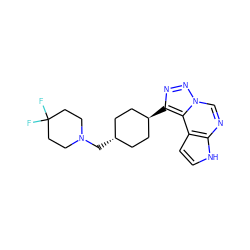 FC1(F)CCN(C[C@H]2CC[C@H](c3nnn4cnc5[nH]ccc5c34)CC2)CC1 ZINC001772639265