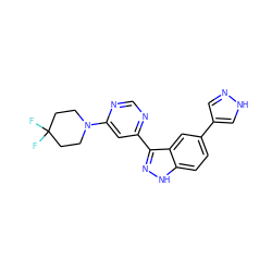 FC1(F)CCN(c2cc(-c3n[nH]c4ccc(-c5cn[nH]c5)cc34)ncn2)CC1 ZINC000225559744