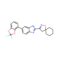 FC1(F)Oc2cccc(-c3ccc4nc(C5=NOC6(CCCCC6)C5)[nH]c4c3)c2O1 ZINC000066099328