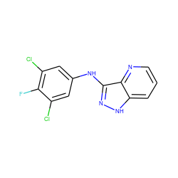 Fc1c(Cl)cc(Nc2n[nH]c3cccnc23)cc1Cl ZINC000166942970