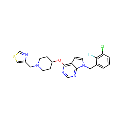 Fc1c(Cl)cccc1Cn1ccc2c(OC3CCN(Cc4cscn4)CC3)ncnc21 ZINC000084605432