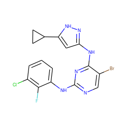 Fc1c(Cl)cccc1Nc1ncc(Br)c(Nc2cc(C3CC3)[nH]n2)n1 ZINC000203003770