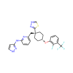 Fc1c(O[C@H]2CC[C@@](Cc3cccc(Nc4cc[nH]n4)n3)(c3nncs3)CC2)cccc1C(F)(F)F ZINC000116365334