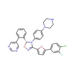 Fc1cc(-c2ccc(C3=NO[C@H](c4ccccc4-c4cncnc4)N3c3ccc(N4CCNCC4)cc3)o2)ccc1Cl ZINC000084709169