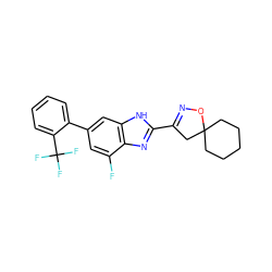 Fc1cc(-c2ccccc2C(F)(F)F)cc2[nH]c(C3=NOC4(CCCCC4)C3)nc12 ZINC000066113416