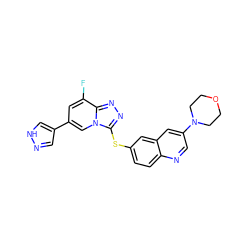 Fc1cc(-c2cn[nH]c2)cn2c(Sc3ccc4ncc(N5CCOCC5)cc4c3)nnc12 ZINC000204990849