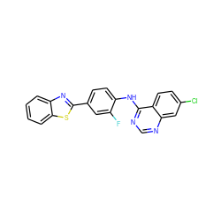 Fc1cc(-c2nc3ccccc3s2)ccc1Nc1ncnc2cc(Cl)ccc12 ZINC000040915087