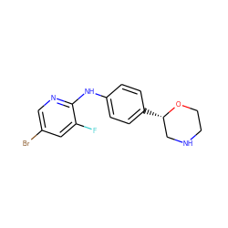 Fc1cc(Br)cnc1Nc1ccc([C@H]2CNCCO2)cc1 ZINC000150035775