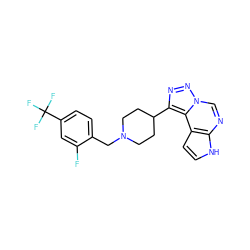 Fc1cc(C(F)(F)F)ccc1CN1CCC(c2nnn3cnc4[nH]ccc4c23)CC1 ZINC001772602148