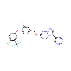 Fc1cc(COc2ccn3c(-c4cncnc4)cnc3n2)ccc1Oc1ccc(Cl)c(C(F)(F)F)c1 ZINC000473155298