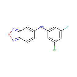 Fc1cc(Cl)cc(Nc2ccc3nonc3c2)c1 ZINC000095597490