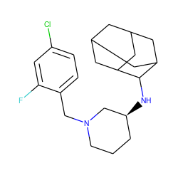 Fc1cc(Cl)ccc1CN1CCC[C@H](NC2C3CC4CC(C3)CC2C4)C1 ZINC000040394594