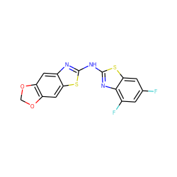 Fc1cc(F)c2nc(Nc3nc4cc5c(cc4s3)OCO5)sc2c1 ZINC000004137837