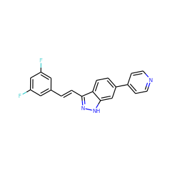 Fc1cc(F)cc(/C=C/c2n[nH]c3cc(-c4ccncc4)ccc23)c1 ZINC000166714593