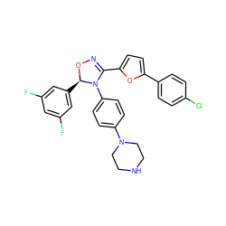 Fc1cc(F)cc([C@H]2ON=C(c3ccc(-c4ccc(Cl)cc4)o3)N2c2ccc(N3CCNCC3)cc2)c1 ZINC000084723436