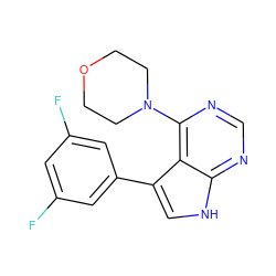 Fc1cc(F)cc(-c2c[nH]c3ncnc(N4CCOCC4)c23)c1 ZINC000210729817