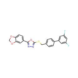 Fc1cc(F)cc(-c2ccc(CSc3nnc(-c4ccc5c(c4)OCO5)o3)cc2)c1 ZINC000096271063