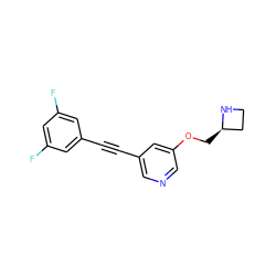 Fc1cc(F)cc(C#Cc2cncc(OC[C@@H]3CCN3)c2)c1 ZINC000103281546