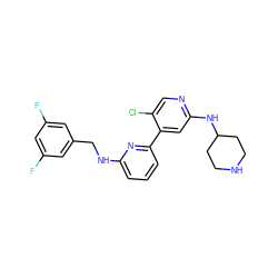 Fc1cc(F)cc(CNc2cccc(-c3cc(NC4CCNCC4)ncc3Cl)n2)c1 ZINC000169703669