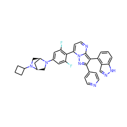 Fc1cc(N2C[C@@H]3C[C@H]2CN3C2CCC2)cc(F)c1-c1ccnc2c(-c3cccc4[nH]ncc34)c(-c3ccncc3)nn12 ZINC000064447953