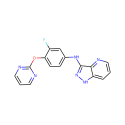 Fc1cc(Nc2n[nH]c3cccnc23)ccc1Oc1ncccn1 ZINC000166965952