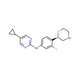 Fc1cc(Nc2ncc(C3CC3)cn2)ccc1[C@@H]1CNCCO1 ZINC000149995949