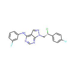 Fc1ccc([C@@H](Cl)Cn2ncc3c(Nc4cccc(F)c4)ncnc32)cc1 ZINC000049808456